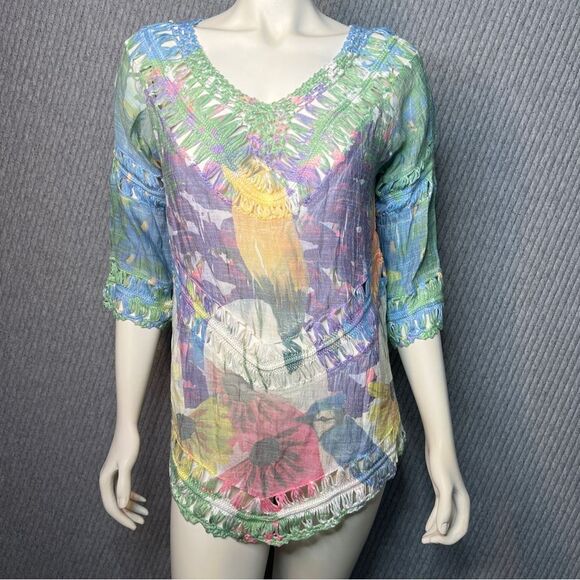 RAIN Crochet Multi-colored Tunic Top Size Small Bohemian Spring 3/4 Sleeve - Picture 1 of 11